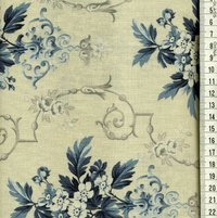 10252-E68 Bqt fleurs,bleu, arabesque gris, fond écru