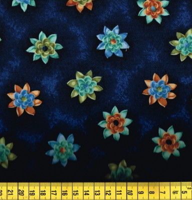 JAP-11190-635: fleurs stylisées,bleu,vert,orange,Fd bleu f